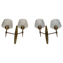 Vintage Pair of Fine Bronze Sconces with Worked Glass Reflectors, Italian, circa 1960