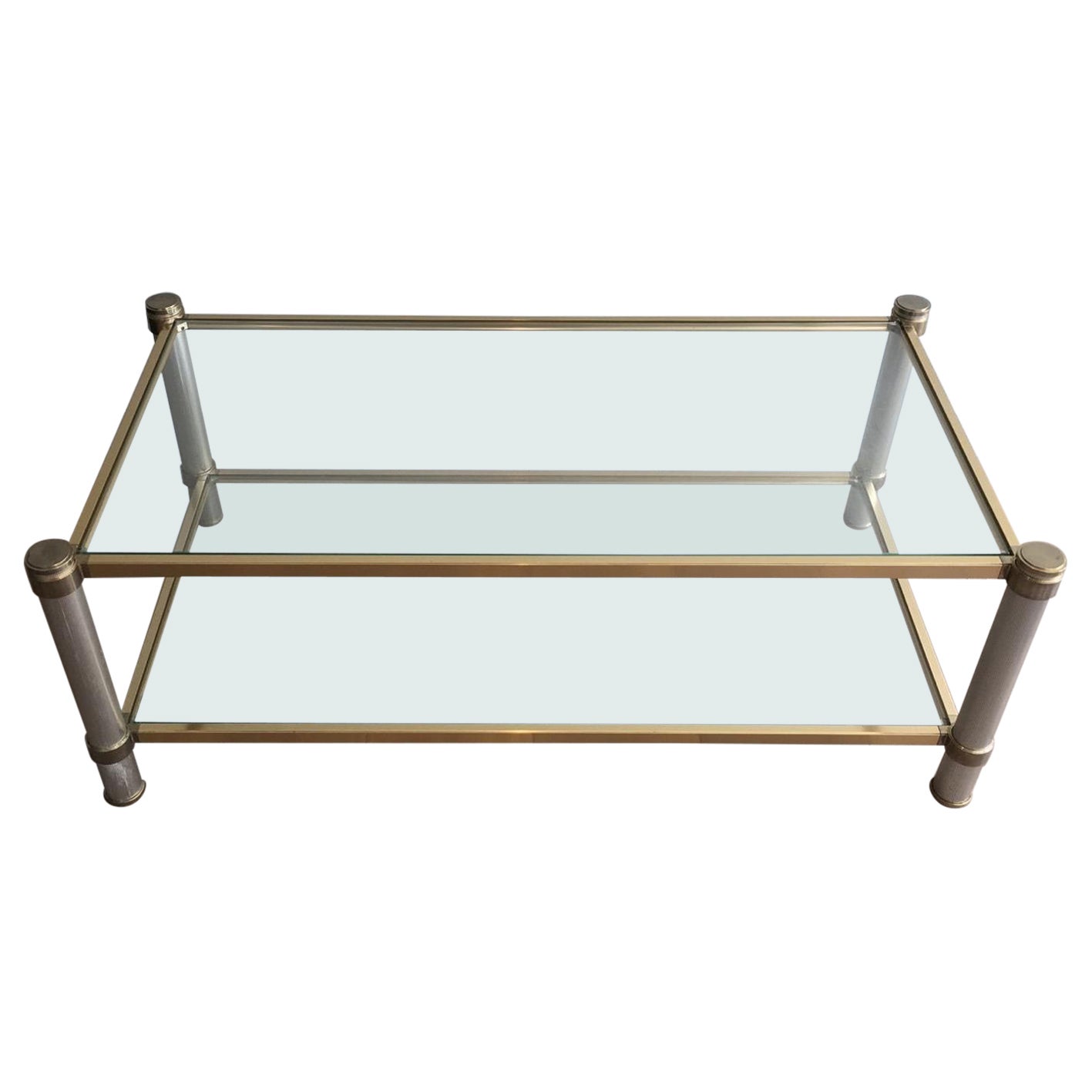  Gold Gilt and Silver Color Aluminium Coffee table with Fluted Legs by P. Vandel For Sale