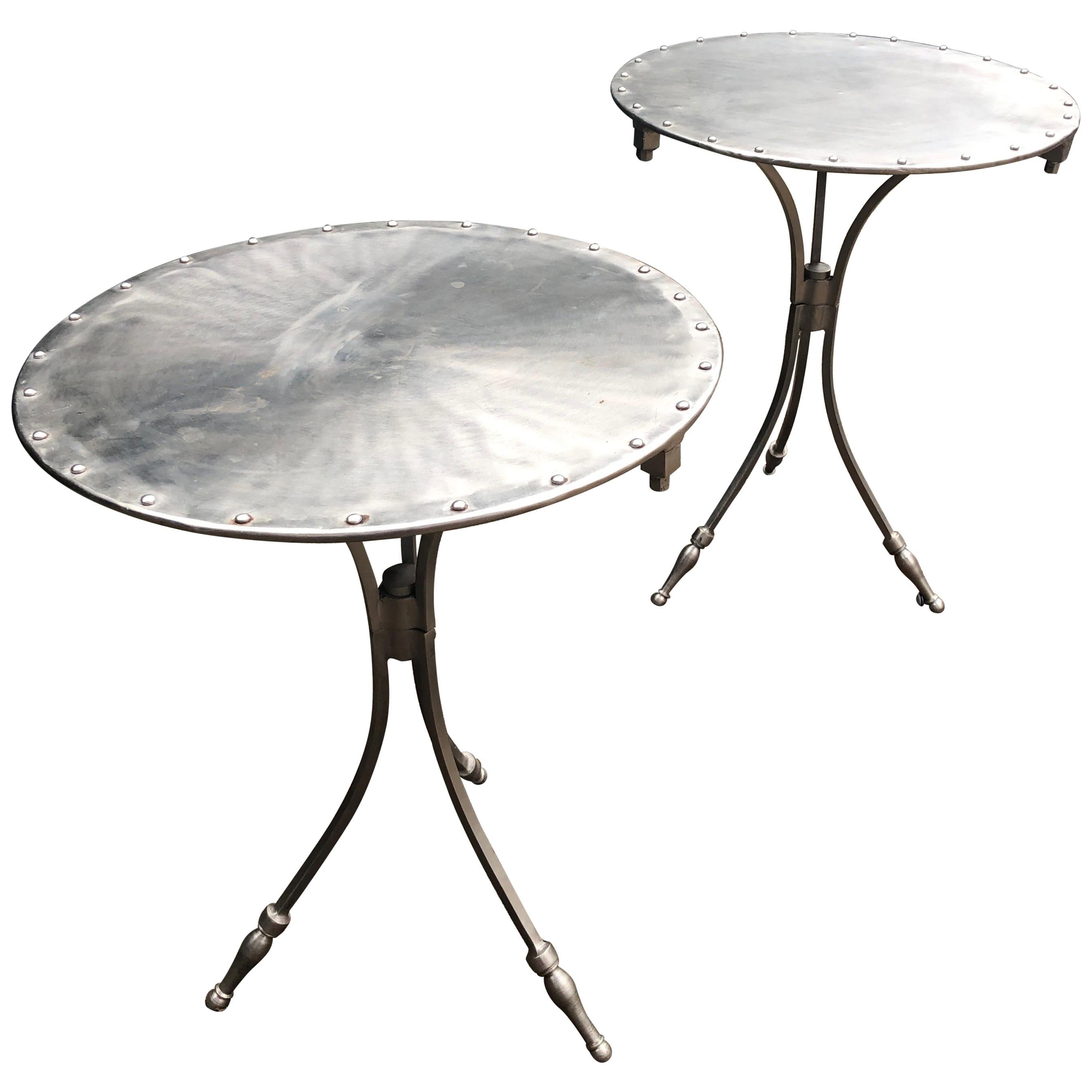 Pair of French Riveted Brushed Chrome Side Tables