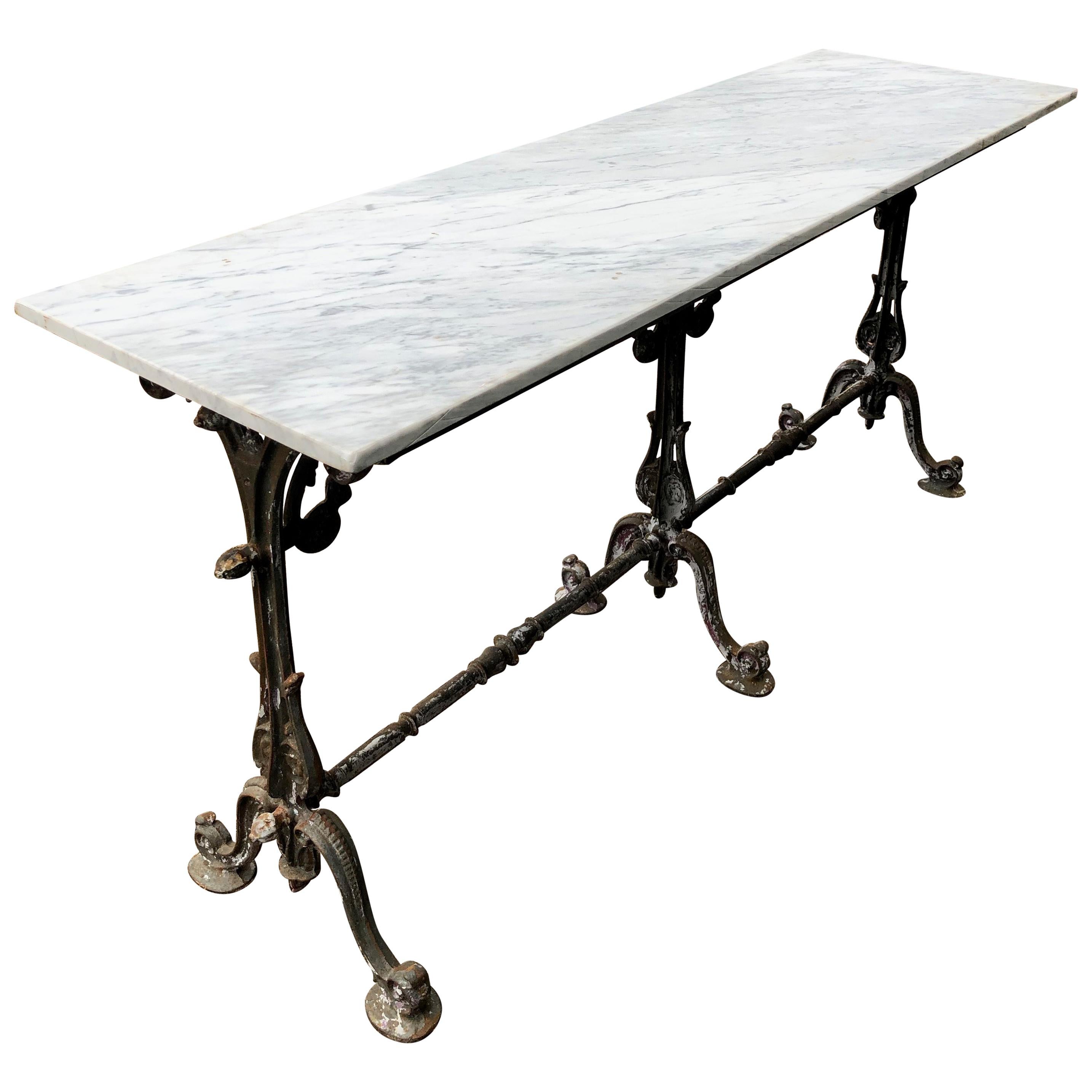 Long Marble-Topped Belgian Cast Iron Console Table with Art Nouveau Supports