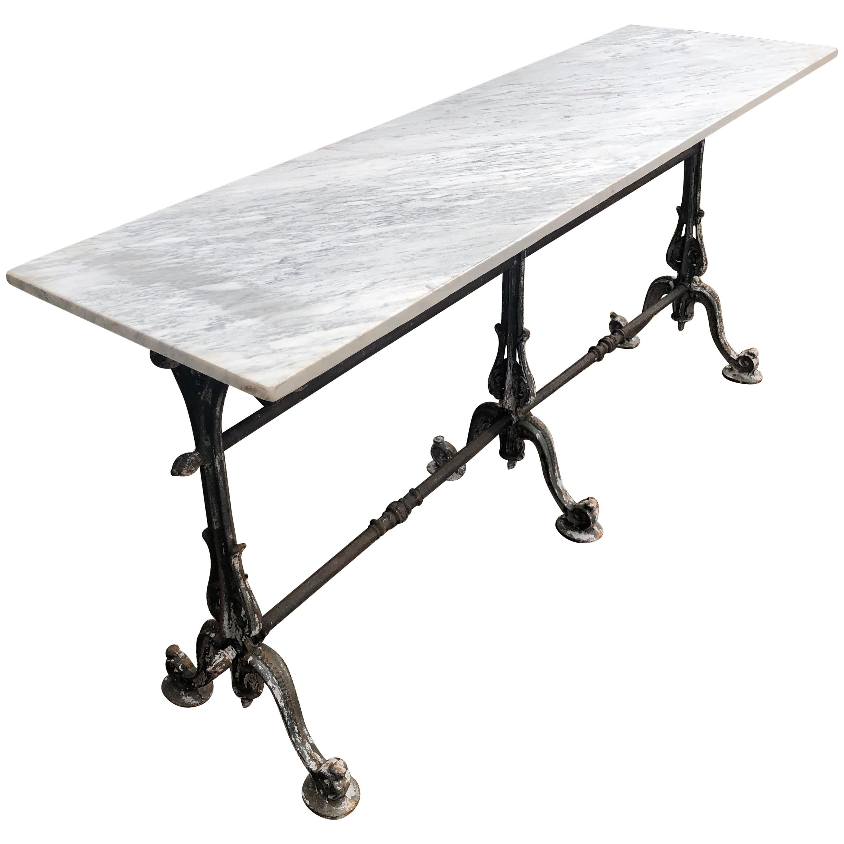 Long Marble-Topped Belgian Cast Iron Console Table