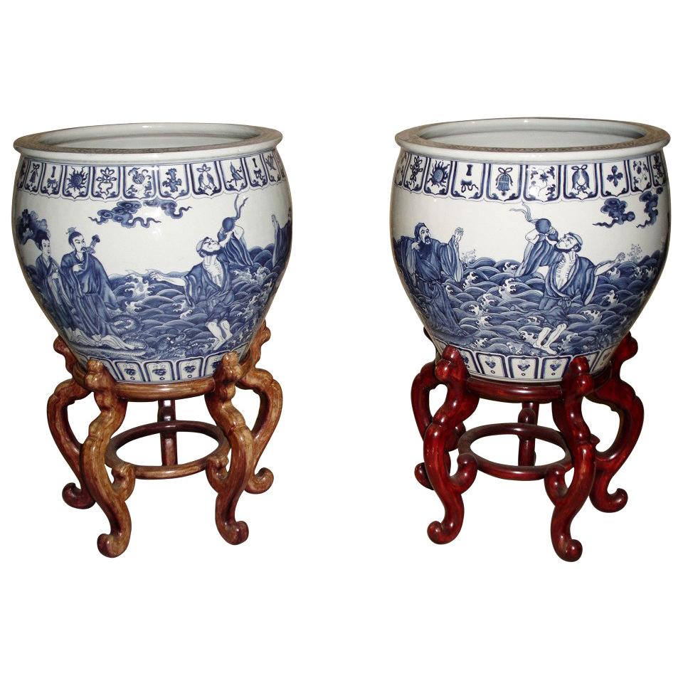 1800s Monumental Chinese Blue White Porcelain Jardinières Urns-Eight Immortals For Sale