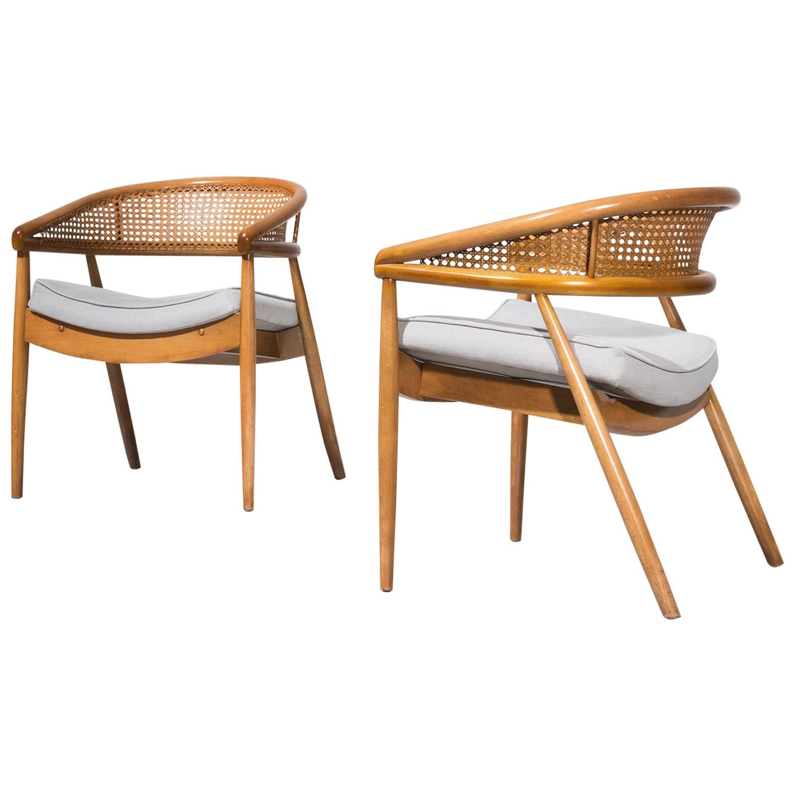 Pair of beech and cane James Mont "King Cole" Armchairs, 1950s