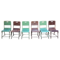 Set of Six French Steel Garden Chairs in Green Painted and Rusty Surface