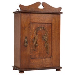 Antique Dutch Oak Art Nouveau Arts & Crafts Wall Cabinet with Brass Decor, 1900s
