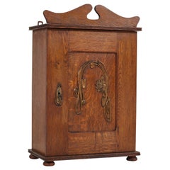 Dutch Oak Art Nouveau Arts & Crafts Wall Cabinet with Brass Decor, 1900s