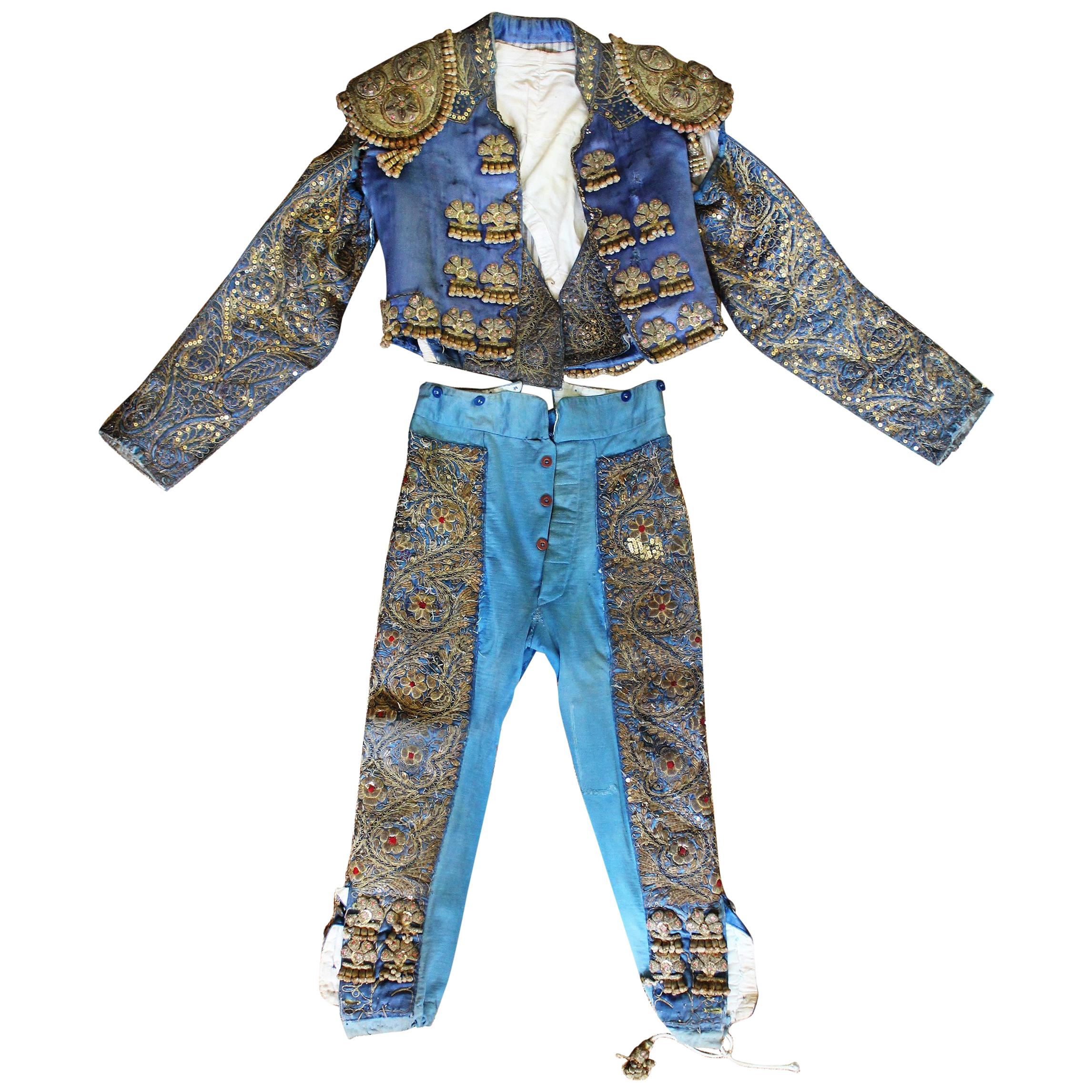 1950s Blue Spanish Bullfighter Traditional Outfit Embroidered in Silver