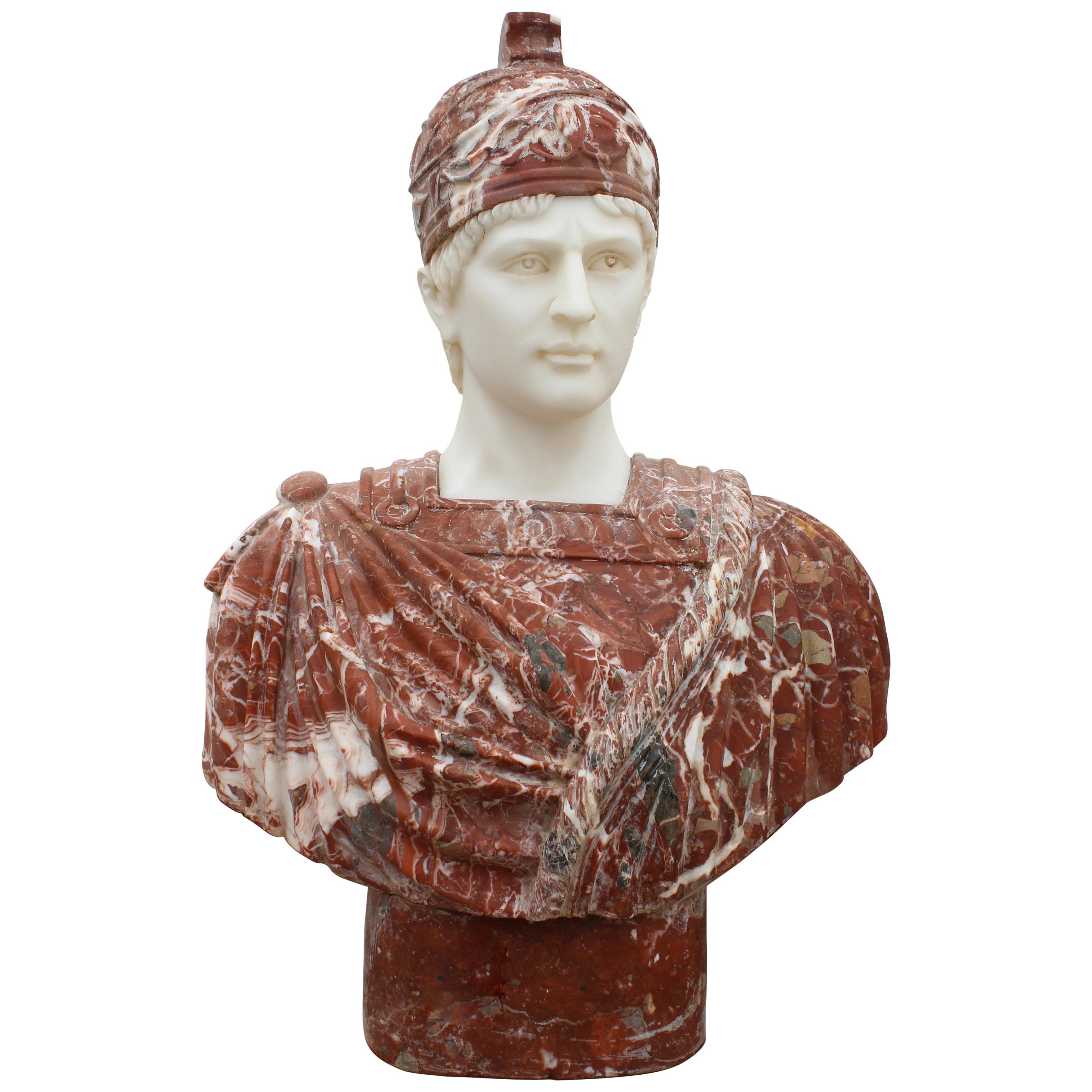 1990s Bust of Roman Hand Carved in Carrara White and Alicante Red Marble For Sale