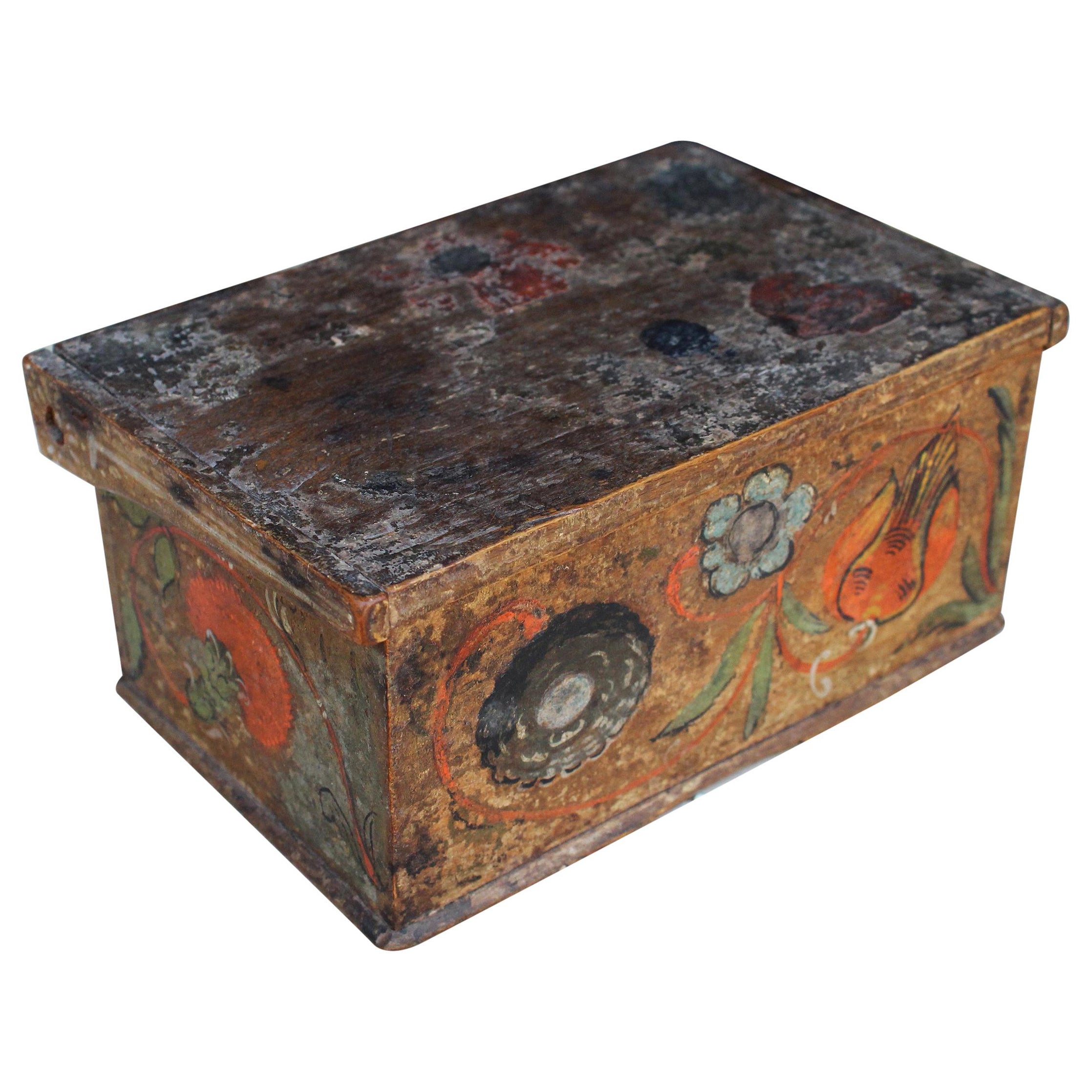 Caja suiza del siglo XVIII de madera pintada a mano con motivos vegetales