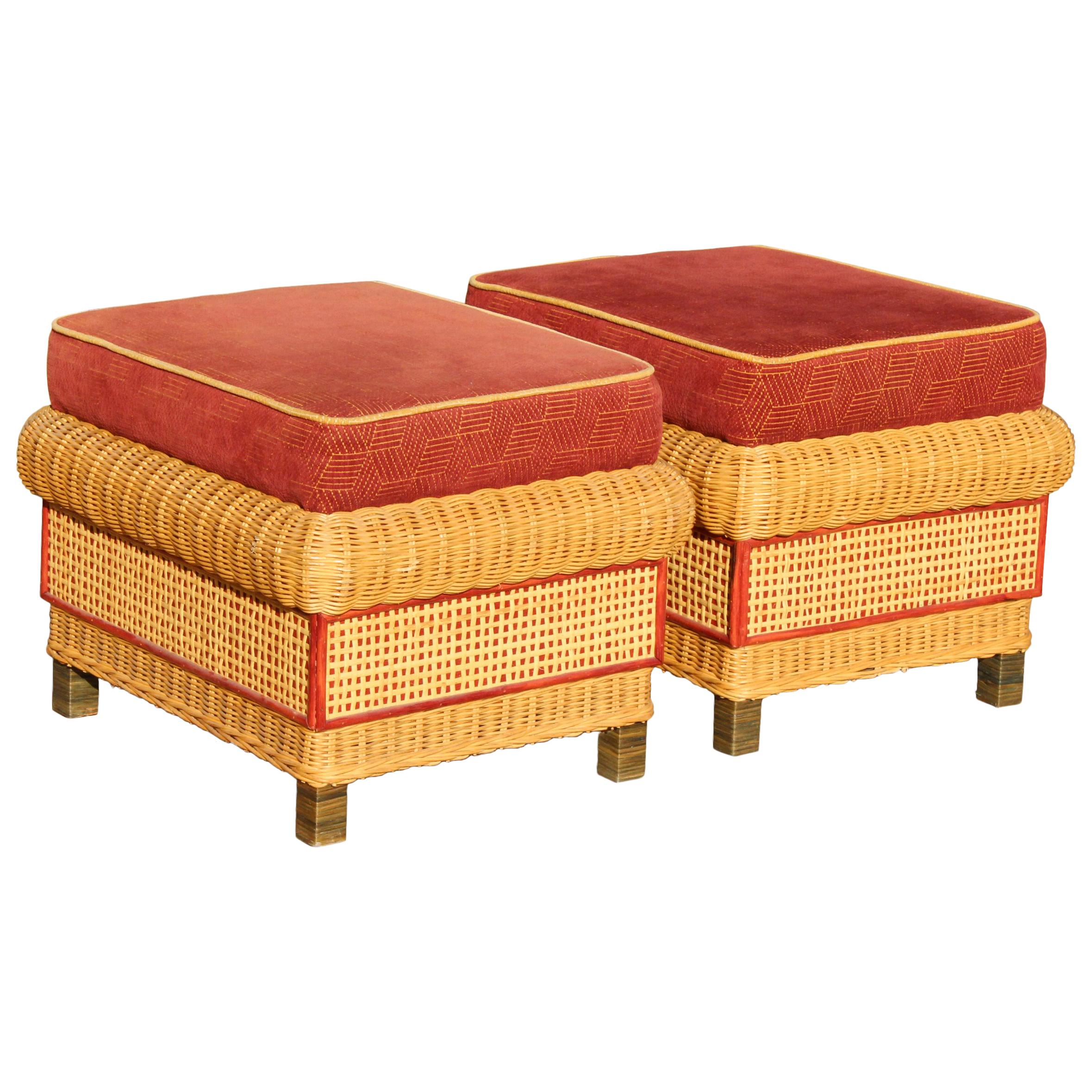 1980s Pair of Spanish Wicker Puffs with Red Cushions