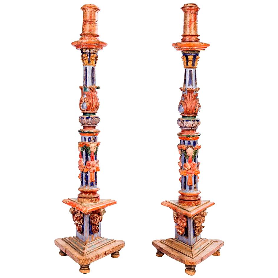 18th Century Pair of Spanish Hand Carved Painted Wooden Pricket Sticks