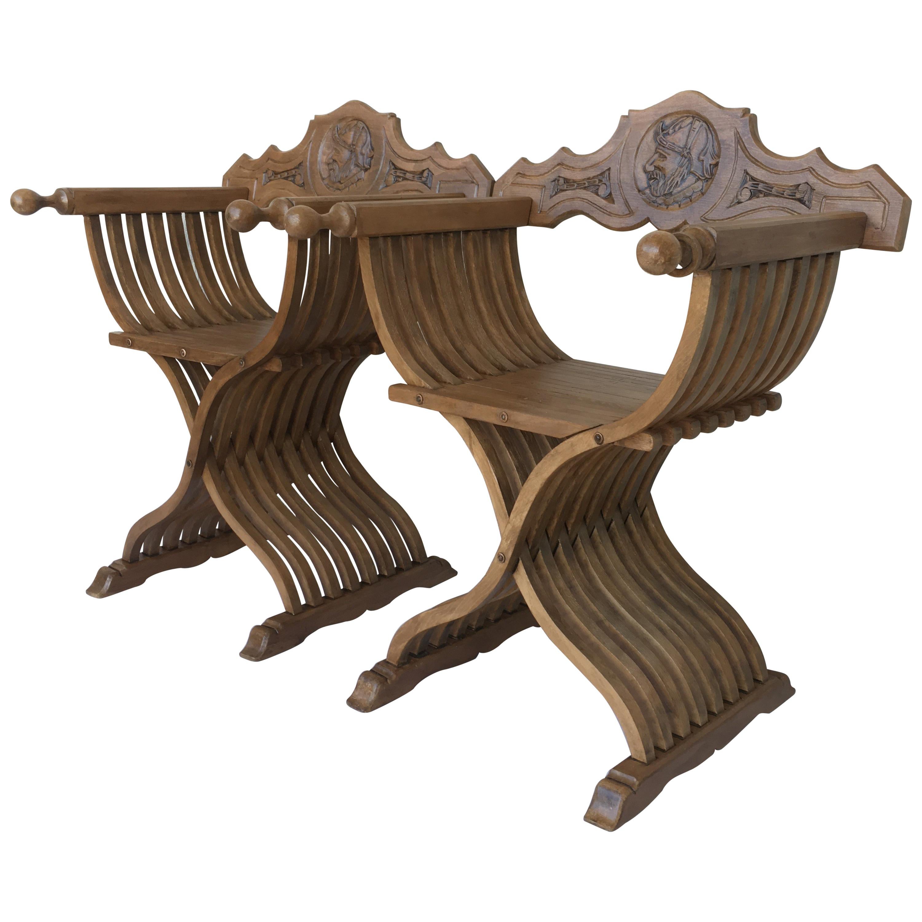 19th Century Carved Walnut Folding Scissors Savonarola Bench/Settee