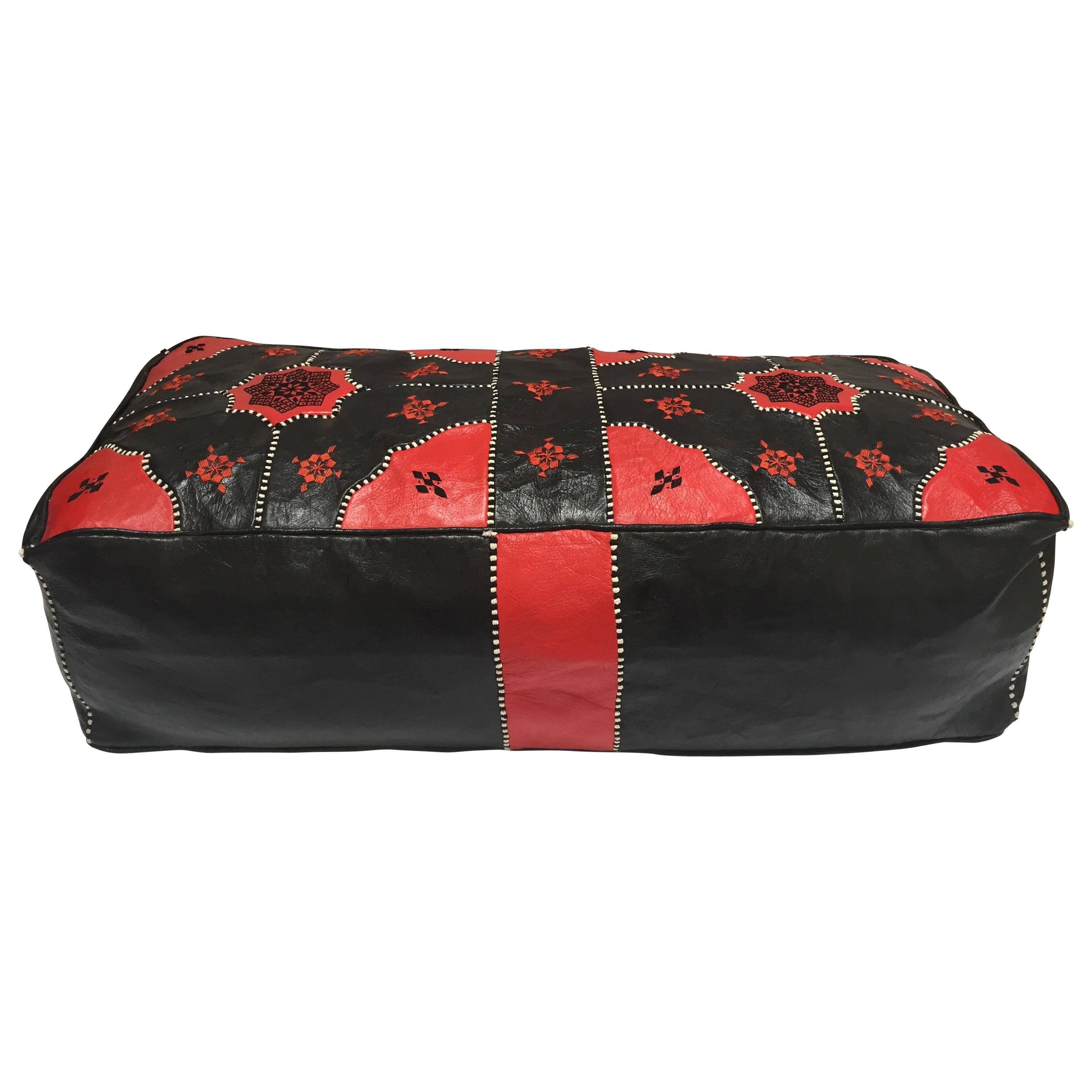 Vintage Moroccan Leather Rectangular Pouf in Red and Black