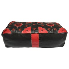 Vintage Moroccan Red and Black Leather Rectangular Pouf Ottoman