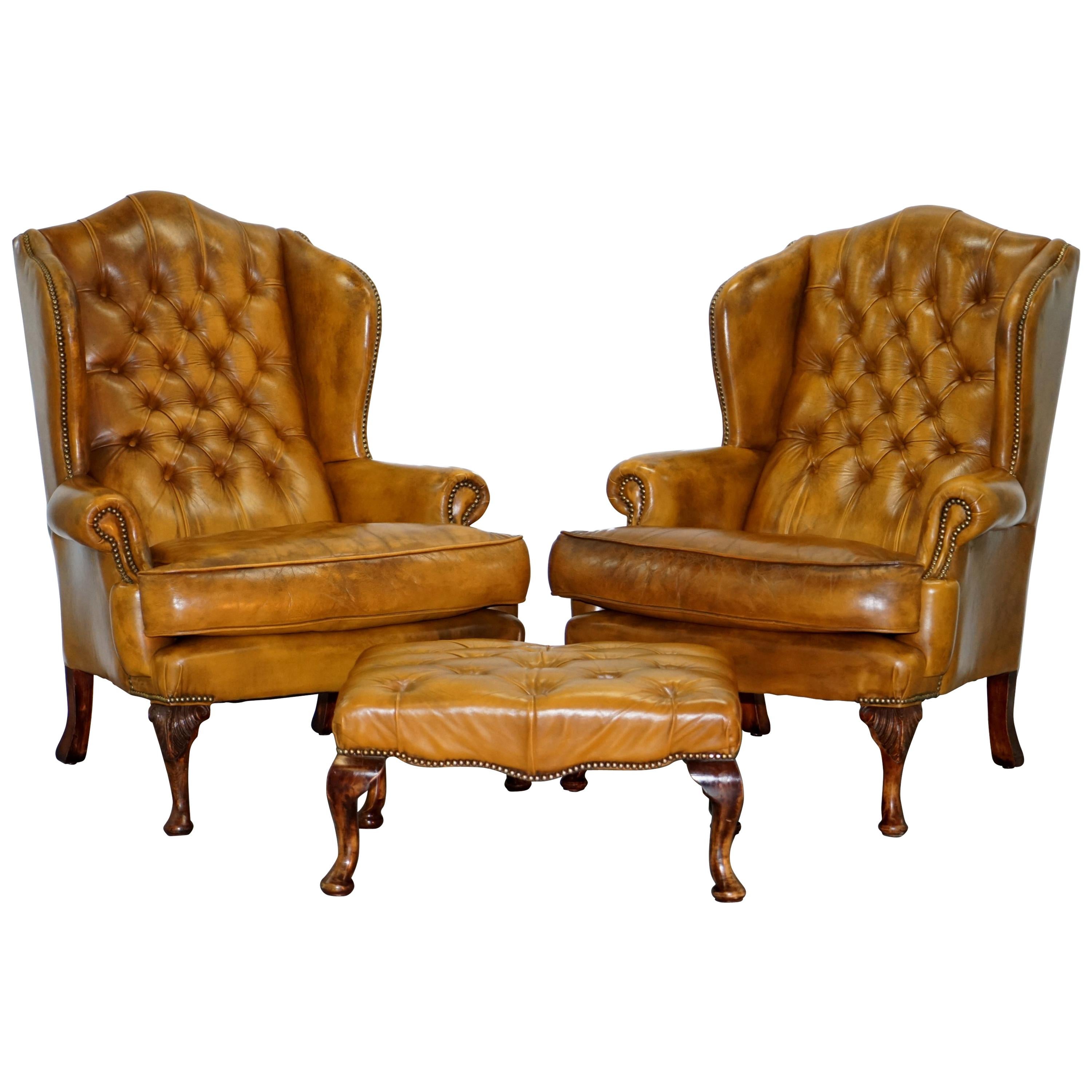 Pair of William Morris Chesterfield Wingback Armchairs & Footstool Brown Leather