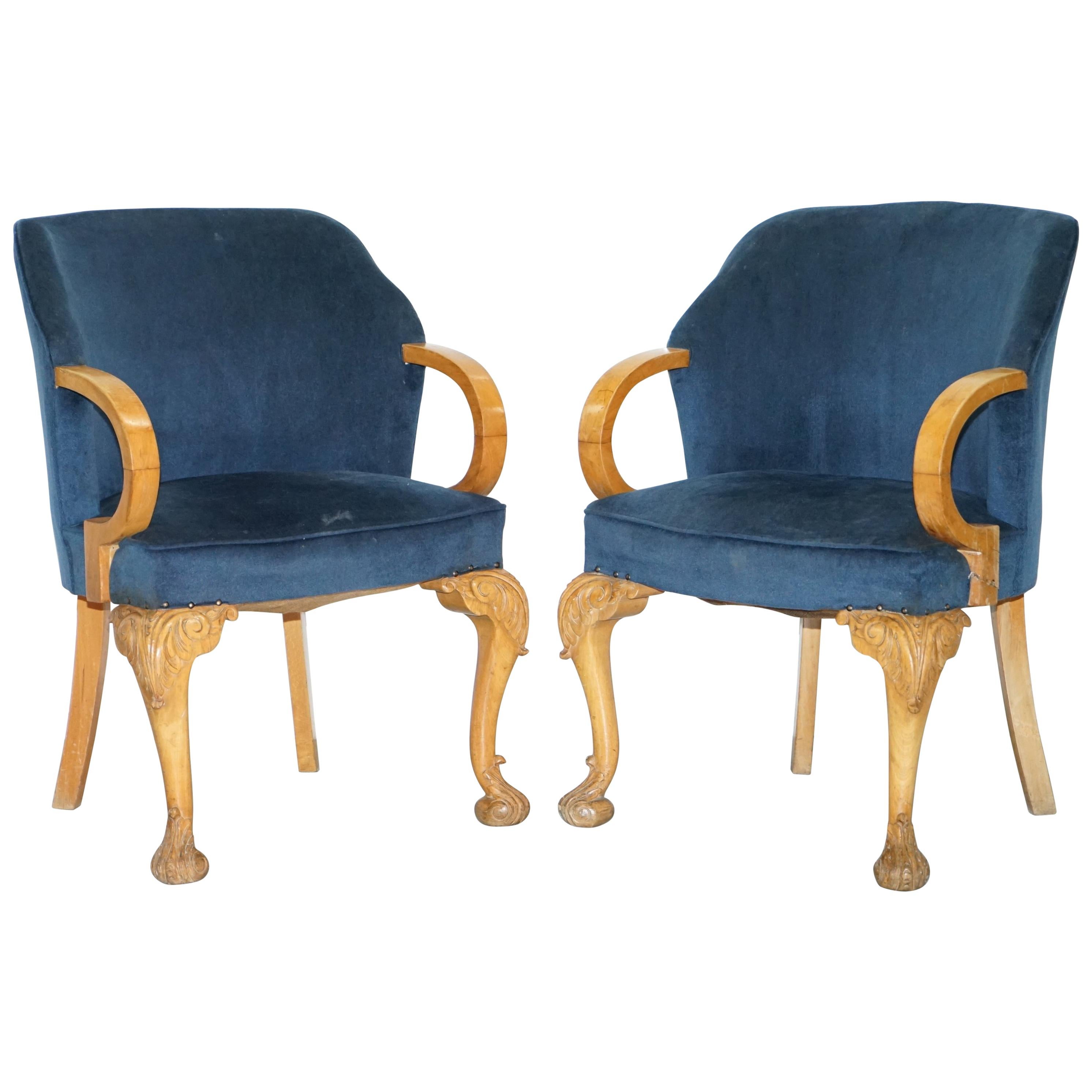 Pair of 1930s Art Deco Tub Armchairs Carved Georgian Legs Royal Blue Upholstery