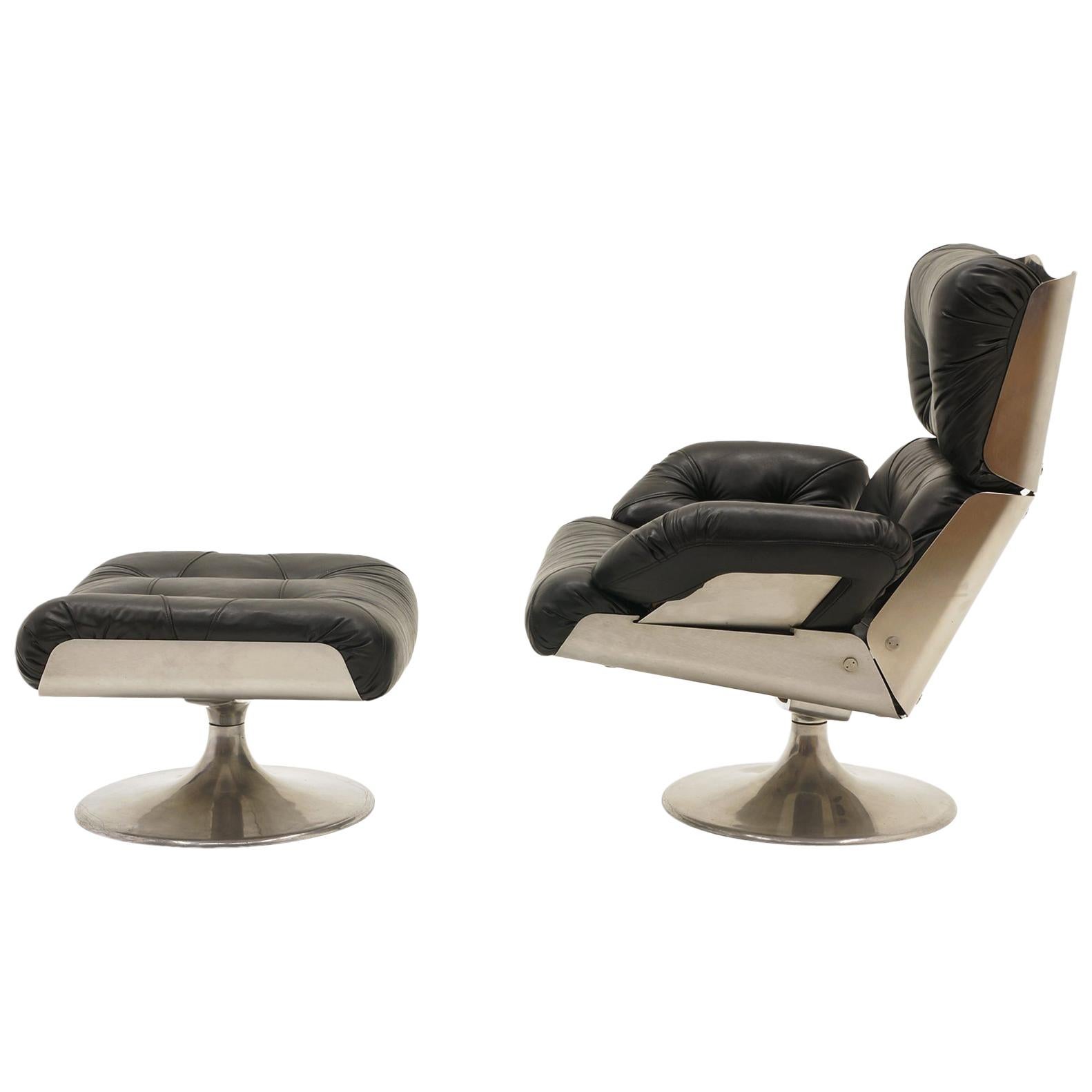 French Lounge Swivel Chair & Ottoman, Matte Chrome, Cast Aluminum, Black Vinyl