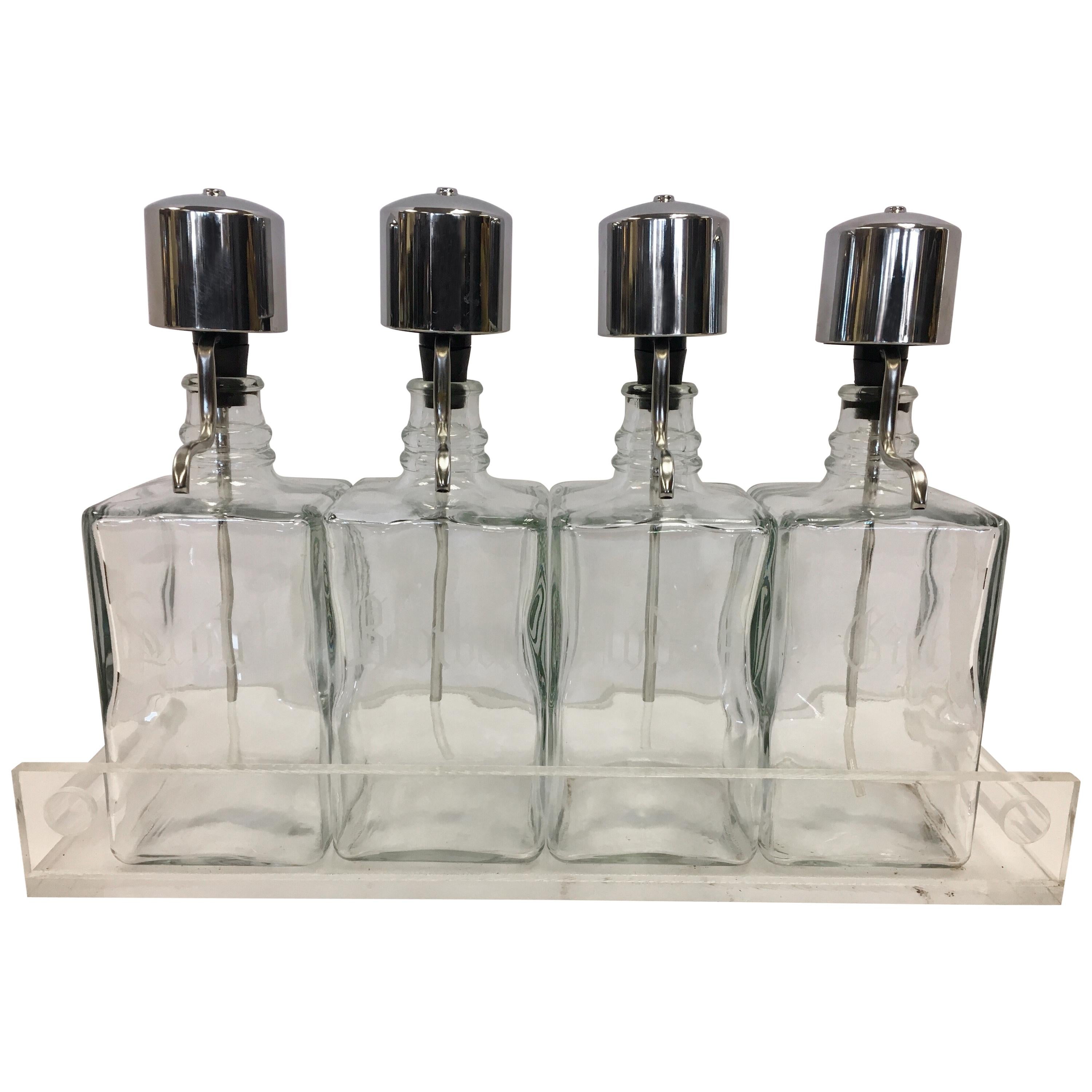 Midcentury Lucite Glass Bar Barware Decanters Pump Scotch Bourbon Vodka Gin