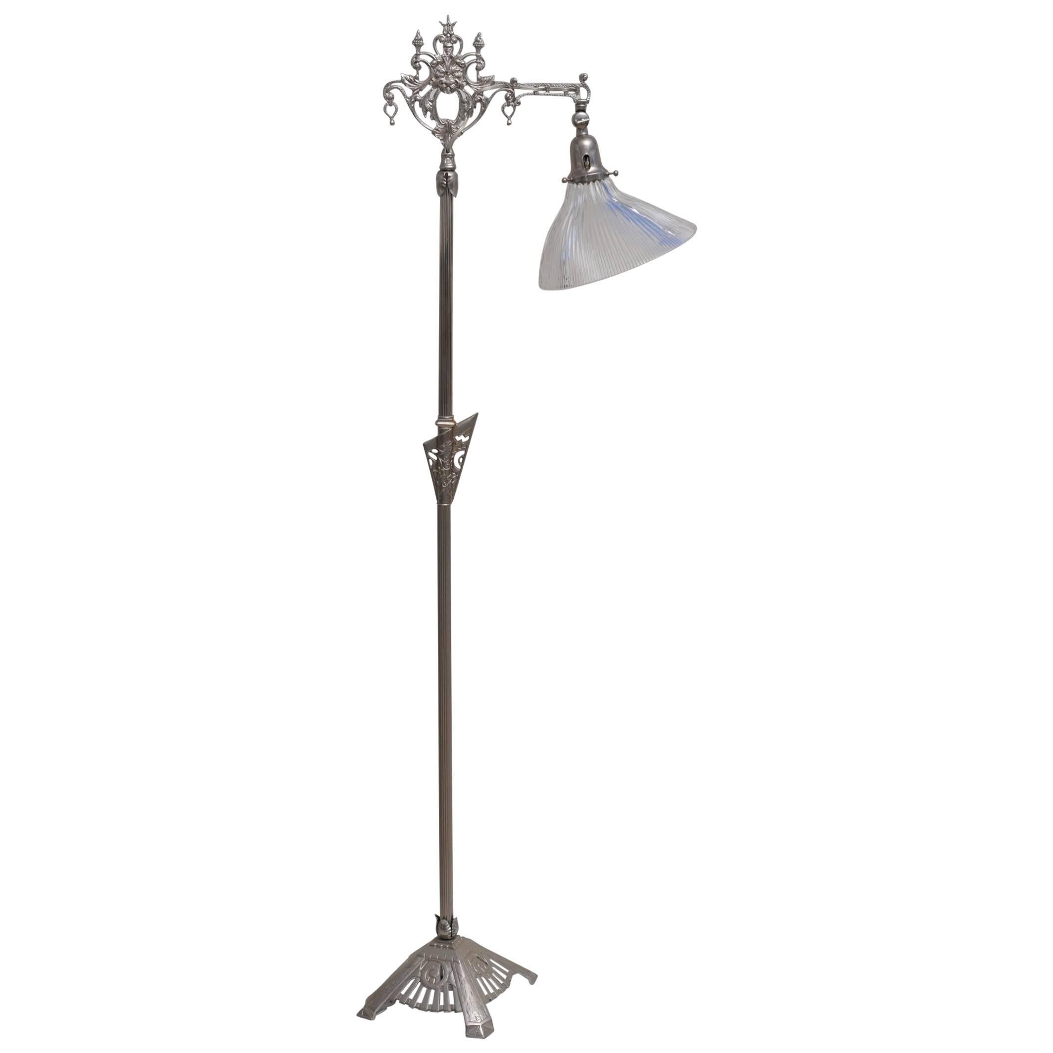 Nickel-Plated Art Deco Period Floor Lamp with Asymmetrical Holophane Shade