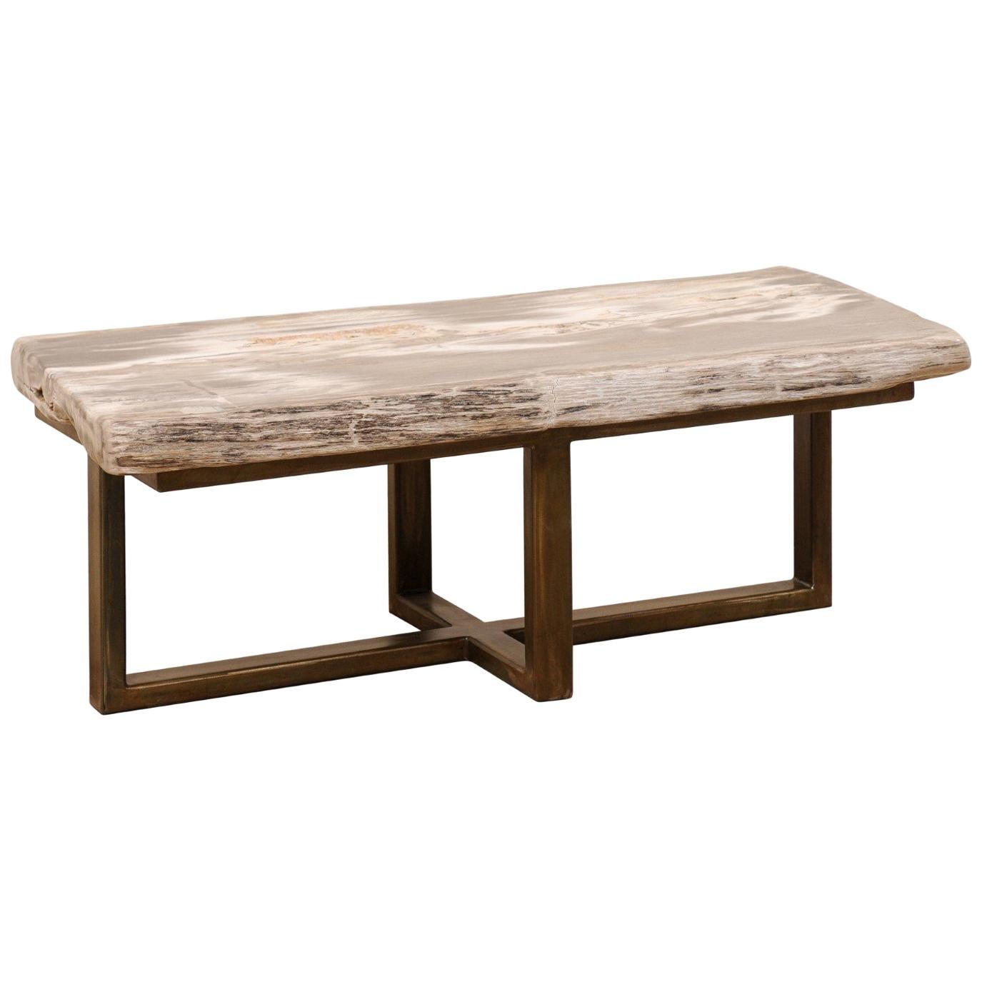 Custom Petrified Wood Coffee Table with Modern Metal Base