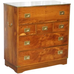 Yew Wood Leather Top Campaign Chest of Drawers Bureau Built in Desk Secrataire