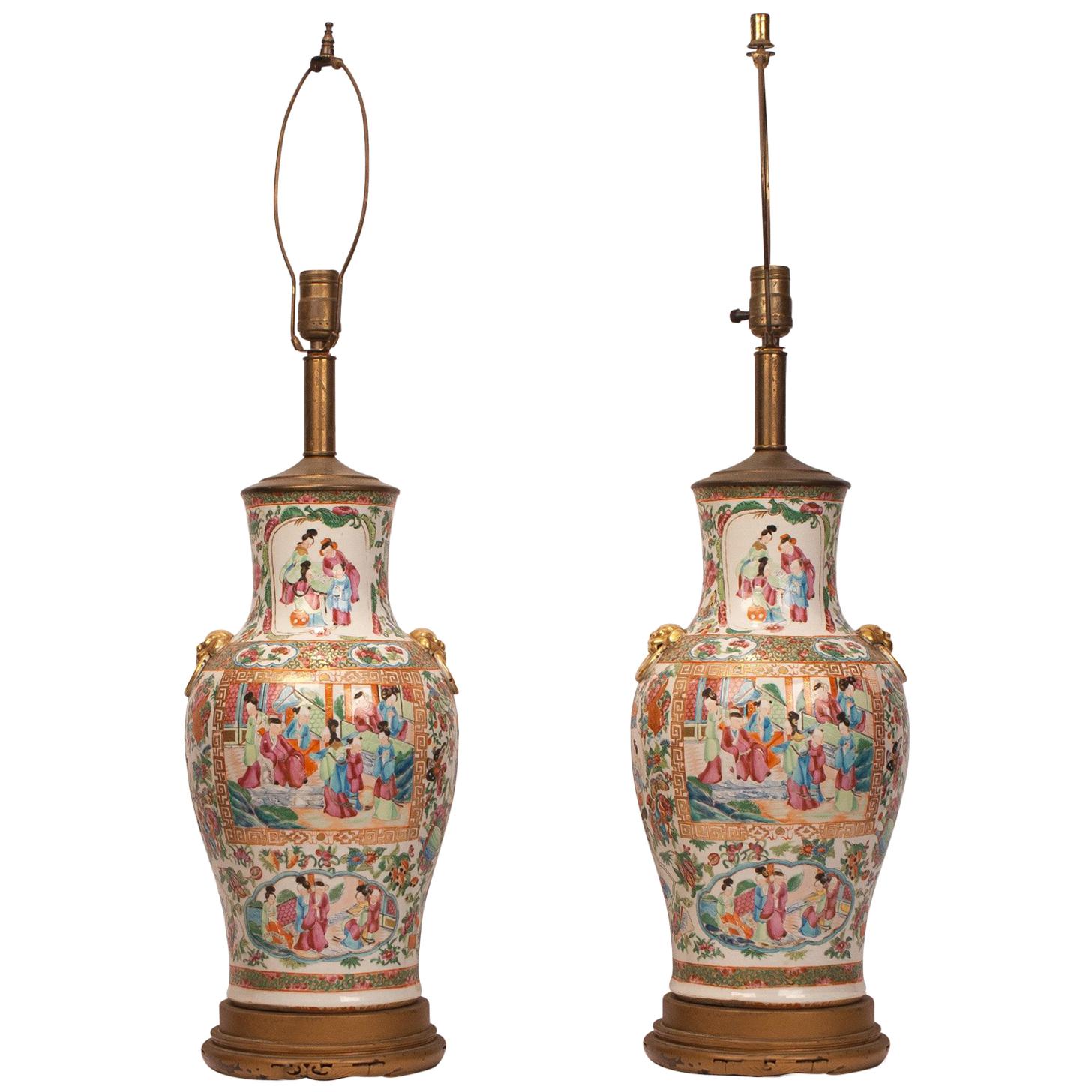 Large Pair of Rose Medallion Vases, Later Mounted as Lamps, China, circa 1850