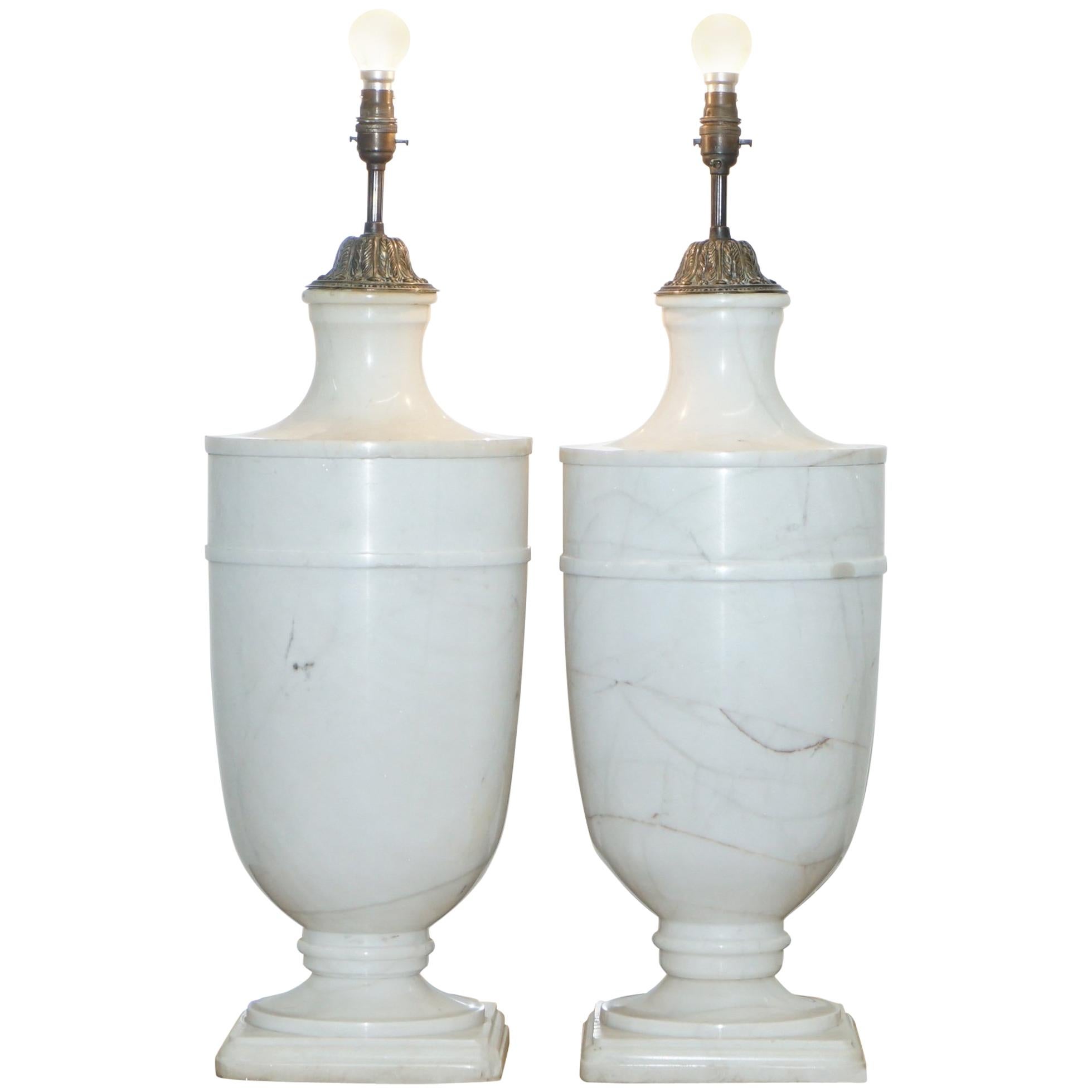 Pair of Huge Tall Solid Italian White Marble Urn Lamps, circa 1920s Rare
