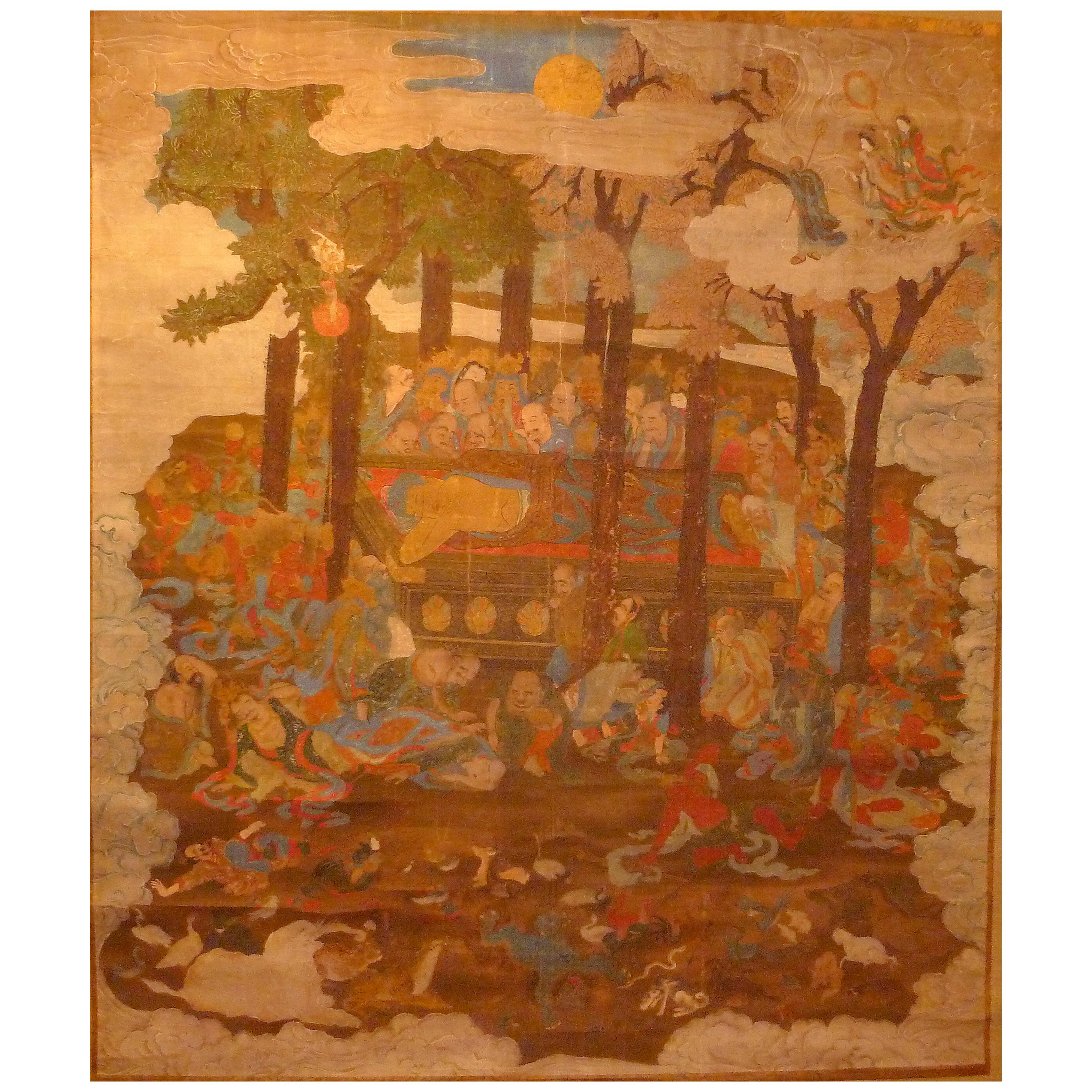 Monumentale et massive peinture japonaise Sakyamuni avec disciples bouddhistes