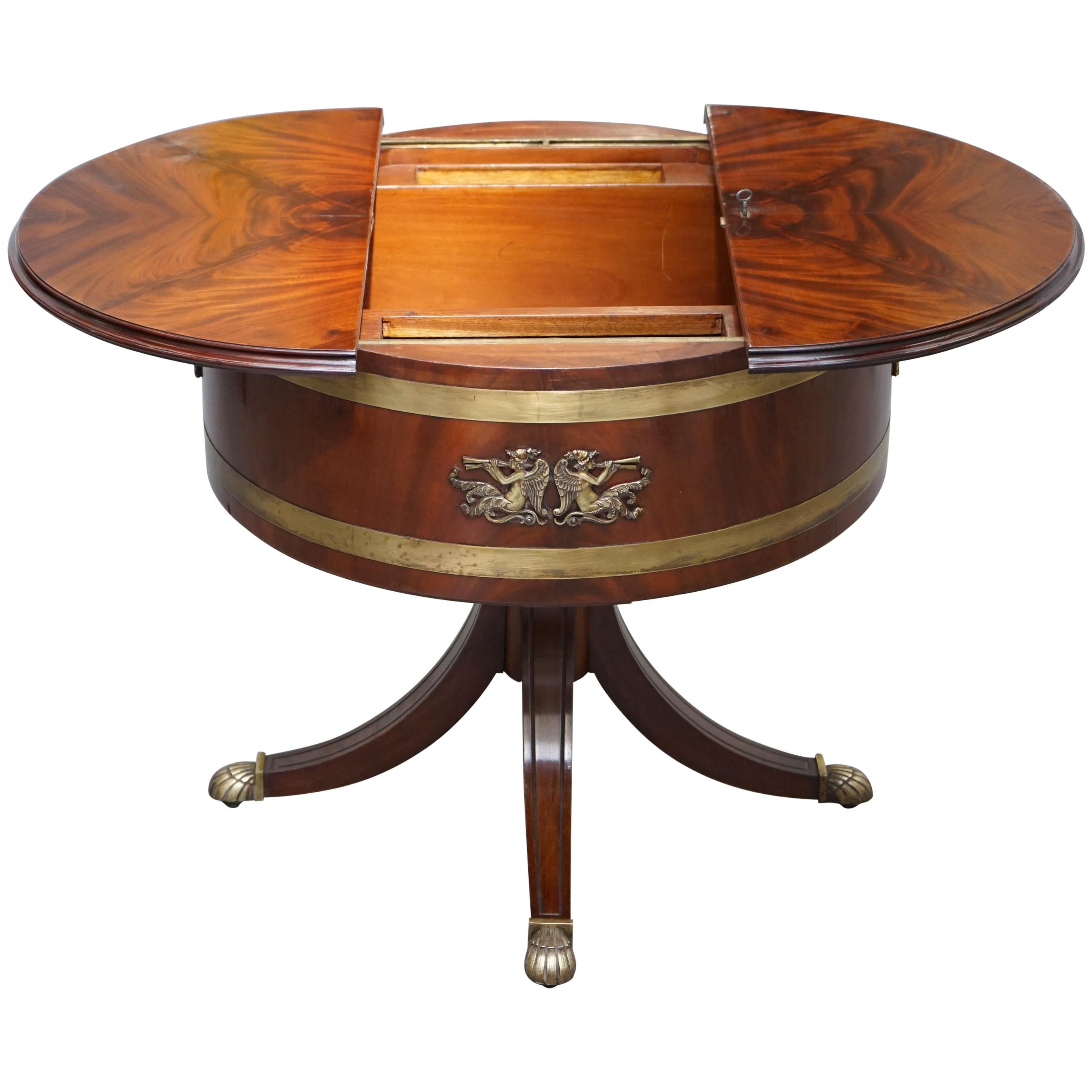 Antique Mahogany Regency Bronze & Brass Drum Side Table Top Opens Drinks Store