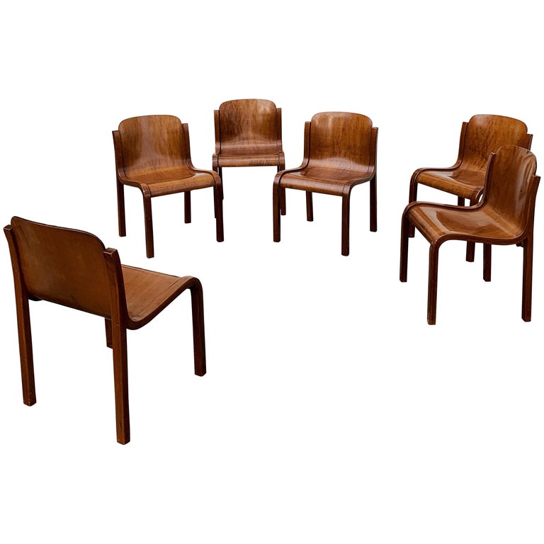 Carlo Bartoli Midcentury Plywood Dining Chairs “Mito” for T70, 1969, Set of 6 1