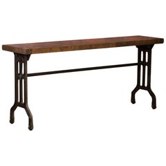 Antique Industrial Console Table with Reclaimed Maple Top and Cast Iron Legs