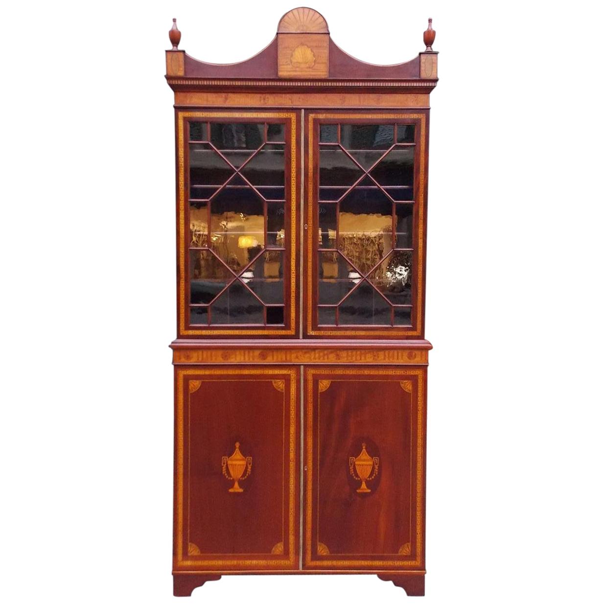 English Regency Mahogany Glass Front and Satinwood Inlaid Book Case, Circa 1815 For Sale
