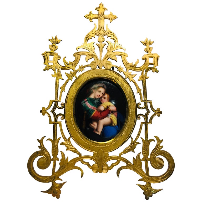 Antique Madonna of the Chair Miniature Painting on Porcelain in Gilt