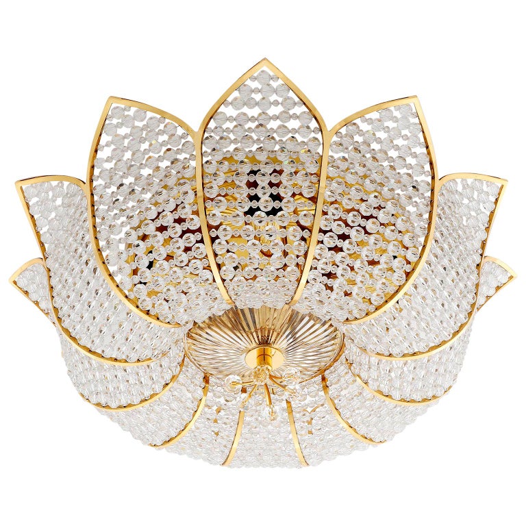 Palwa Flush Mount Light, Gilt Brass Crystal Glass, 1970, One of Two 1