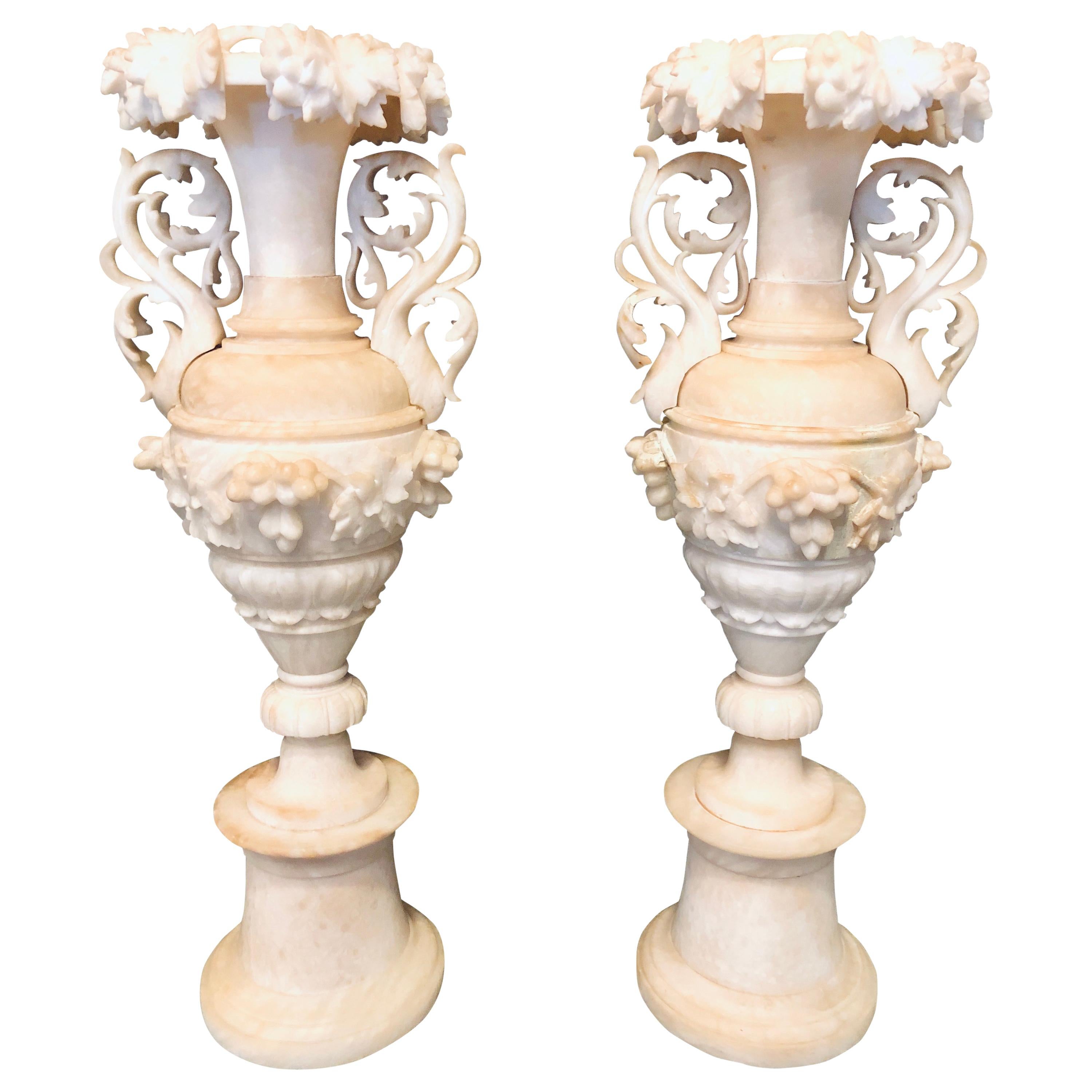 Pair of Neoclassical 19th Century Alabaster Three-Piece Urns or Vases