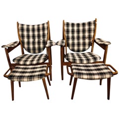 Pair of Mid-Century Modern Style Plaid Fabric Lounge Chairs with Ottomans