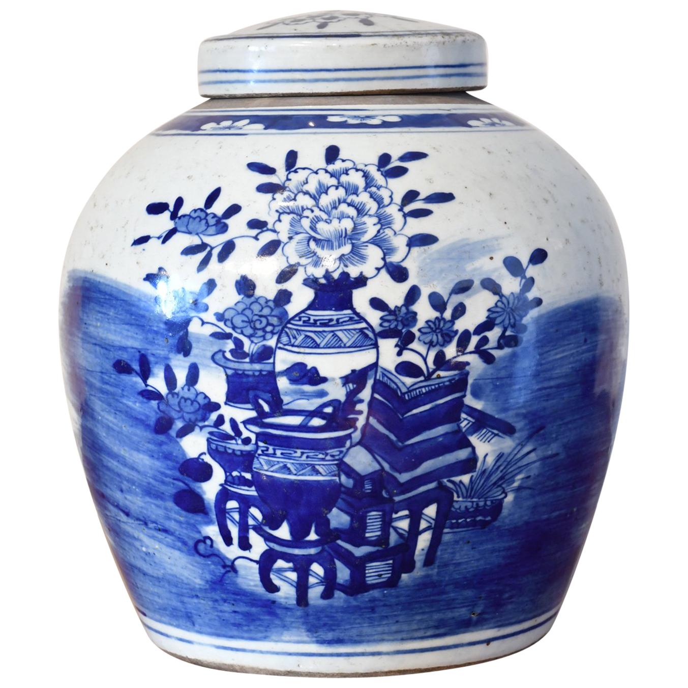 Kangxi Blue & White Chinese Porcelain Jar w/ One Hundred Treasures Motif, c 1750 For Sale