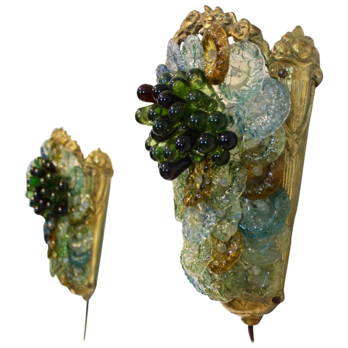 Rare and Elegant Pair of Italian Brass and Murano Glass Sconces, 1950s