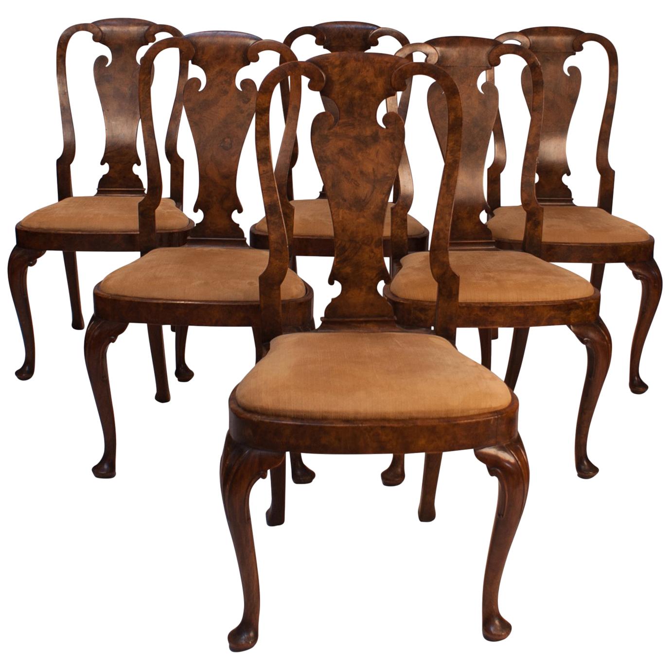 Set of 6 Queen Anne Style Walnut Dining Chairs, England, circa 1900