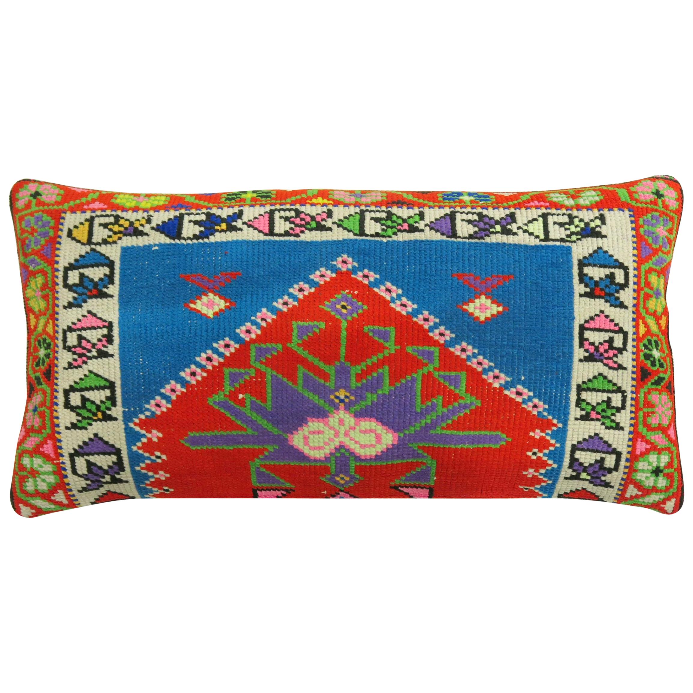 Vibrant Red and Blue Large Vintage Turkish Rug Pillow For Sale