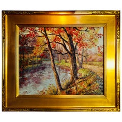 Used John E Berninger "Fall Along The Lehigh River" Oil On Canvas