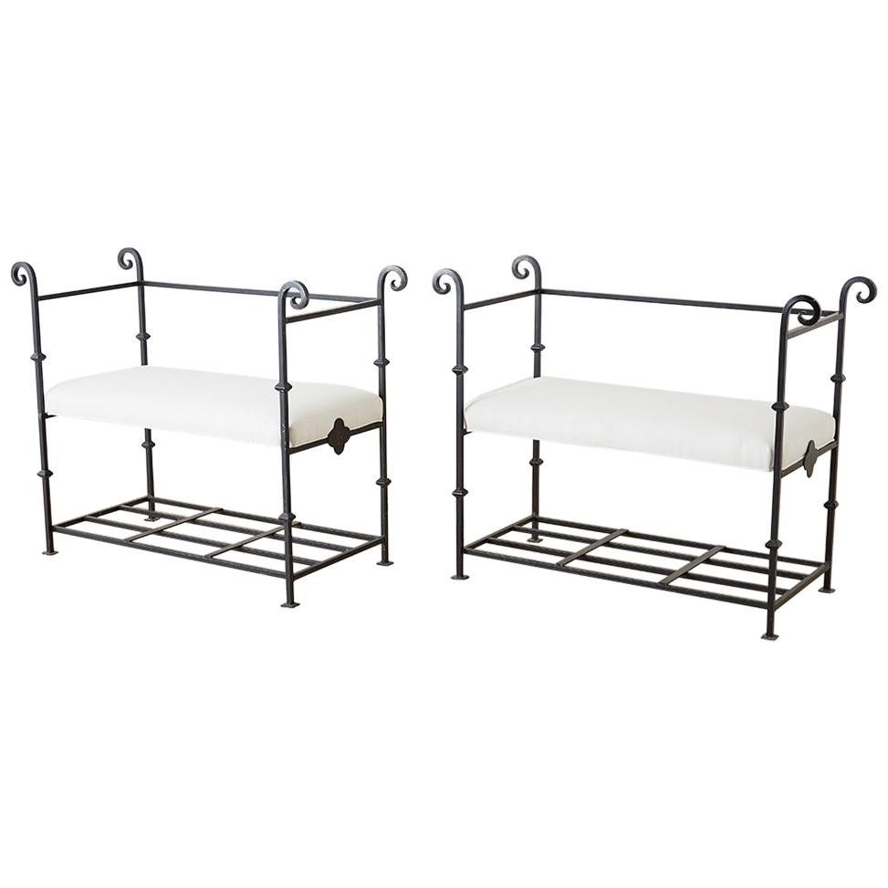 Pair of Neoclassical Style Iron and Linen Benches