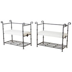 Pair of Neoclassical Style Iron and Linen Benches