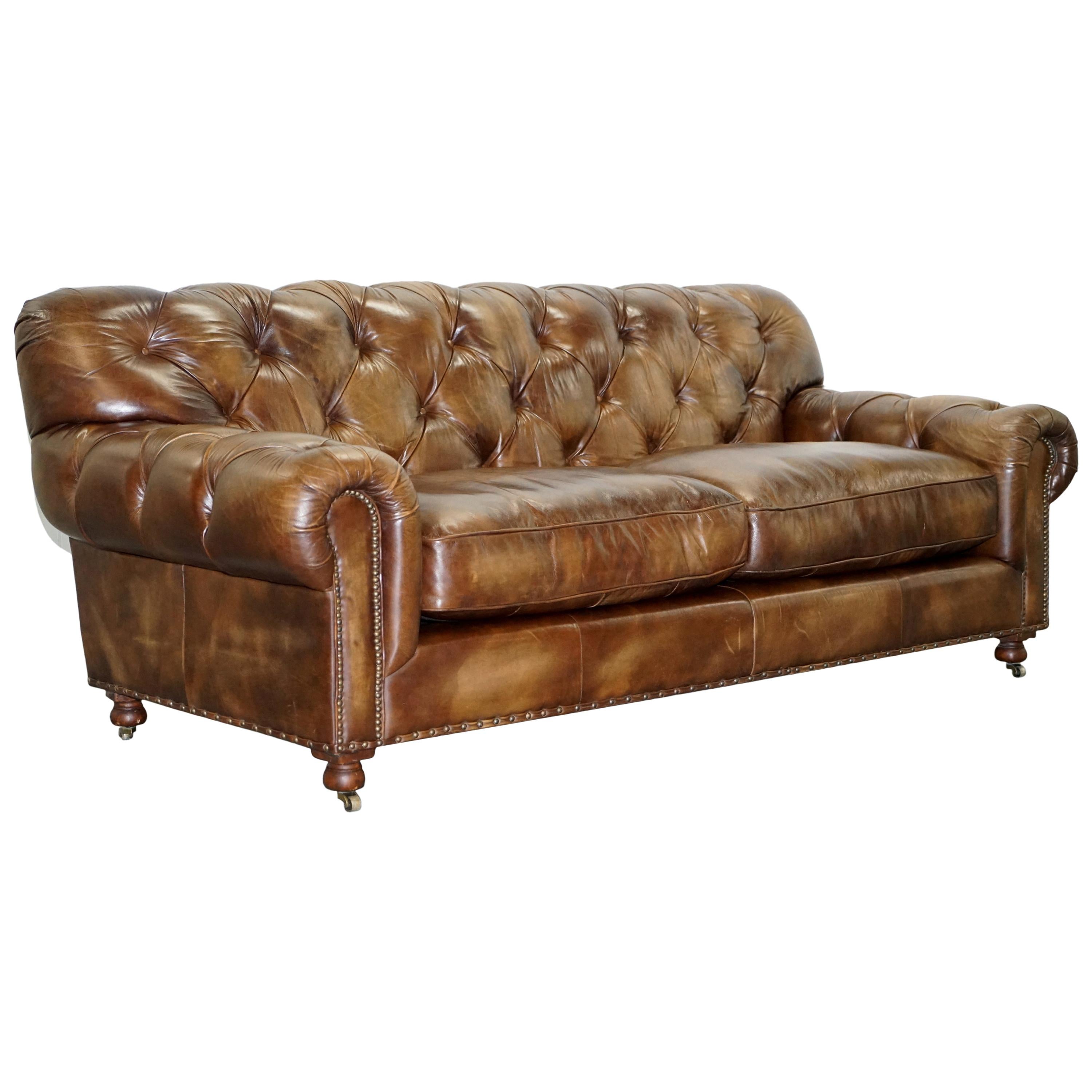 Timothy Oulton Chesterfield Brown Leather Large Sofa Feather Cushions