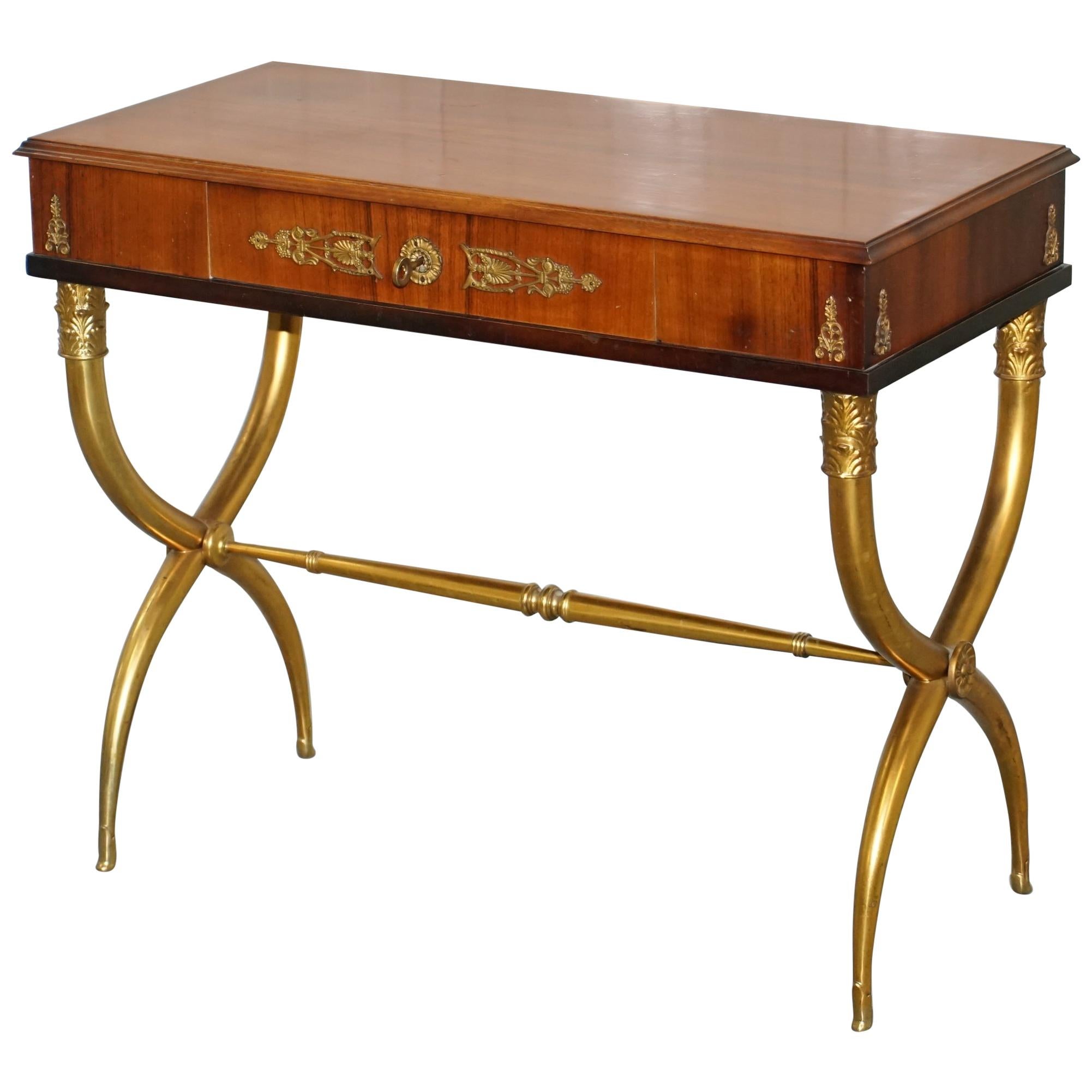 Regency Empire Style Neoclassical Writing Console Table with Brass Sculpted Legs