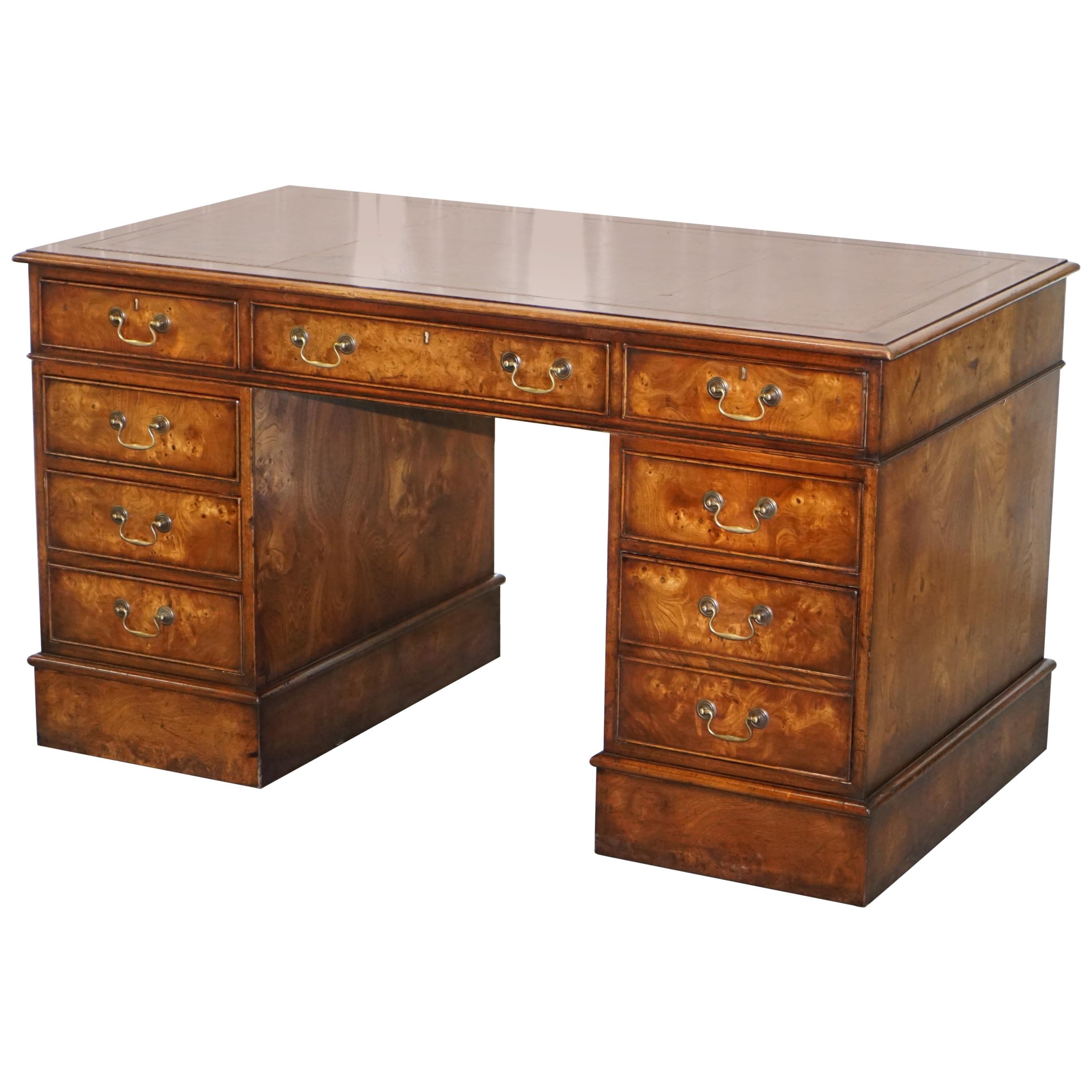 Vintage Burr Walnut Twin Pedestal Partner Desk with Brown Leather Gold Surface