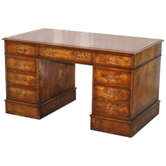 Vintage Burr Walnut Twin Pedestal Partner Desk with Brown Leather Gold Surface