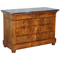 1850 French Louis Philippe Flamed Mahogany Chest of Drawers Commode Marble Top