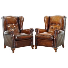 Pair of Restored Victorian Wingback Whisky Brown Leather Armchairs Feather Seats