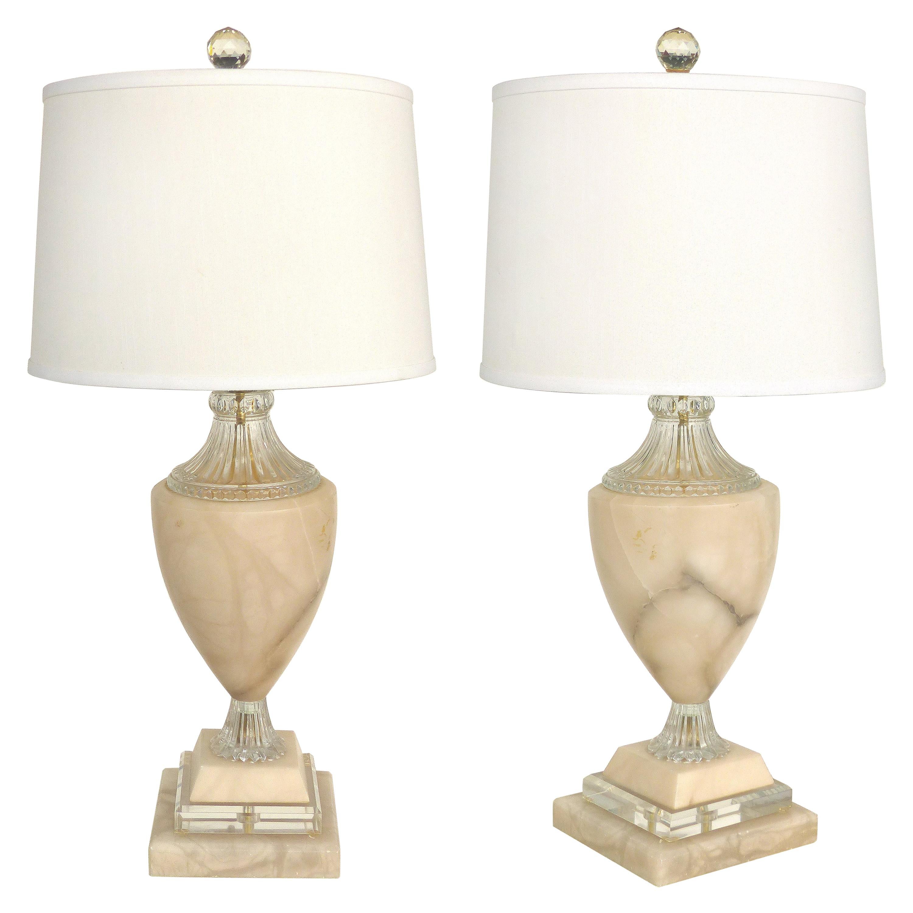 Traditional Alabaster Urn Form Table Lamps with Glass and Crystal Accents, Pair